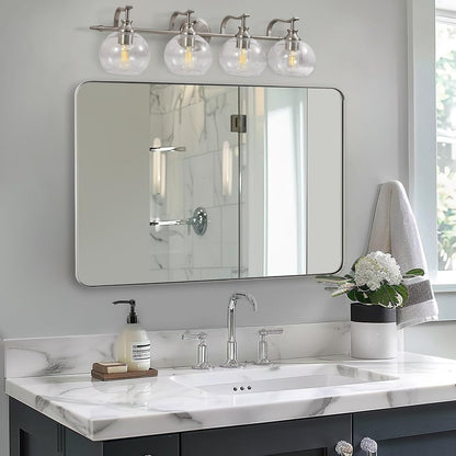 ANDY STAR 30"x48" Brushed Nickel Bathroom Mirror, Large Wall Mirror for Bathroom, Rounded Rectangle Mirror in Premium Stainless Steel Metal Frame Hangs Horizontal Or Vertical