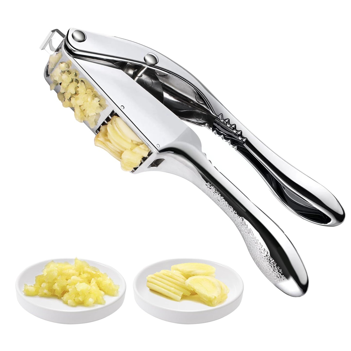 Garlic press and slicer 2 in 1,Effortlessly Crush, Slice, and Mince Garlic,with this Versatile Kitchen Tool - Perfect for Home Cooks and Professional Chefs Alike. (Silvery)