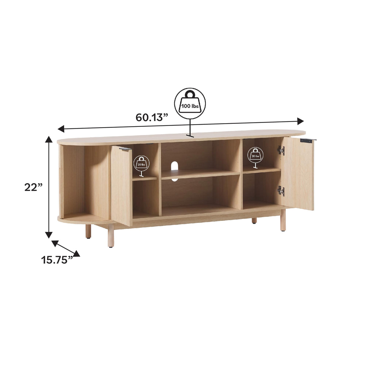 Walker Edison Modern Curved Reeded TV Stand for TVs up to 70 Inches, Credenza with Sliding Doors and Adjustable Shelves, TV Stand with Cord Management Cutout, 60 Inch, Coastal Oak