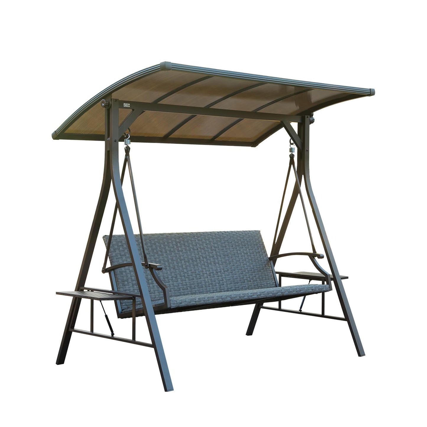 Domi 3-Seat Outdoor Porch Swing w/Adjustable Polycarbonate Hardtop and Side Table, Wicker Patio Swing Chair Bench with Steel Frame and Quick-Drying Foam Seat, Perfect for Backyard Garden and Lawn