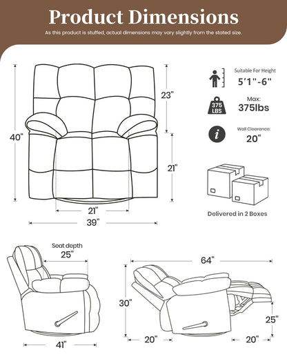 GARTMILAN Oversized Manual Recliner Chair with 360° Swivel, Big and Tall Rocker Glider for Nursery Living Room, Chenille Overstuffed Reclining Sofa with Handle, 375lbs (Blue, Manual)