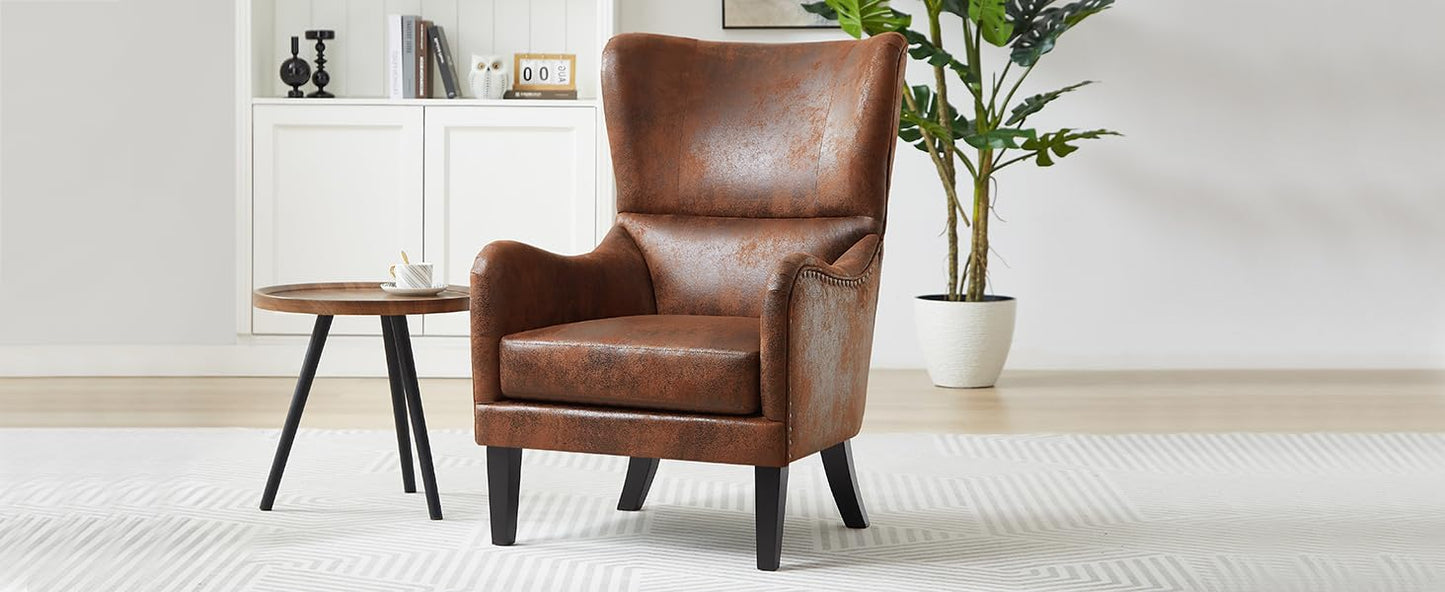 Christopher Knight Home Elber Mid-Century Modern Wingback Accent Chair, Faux Suede Upholstered Club Chair with Cushion, Wooden Living Room Lounge Chair for Reading, Relaxation, Brown