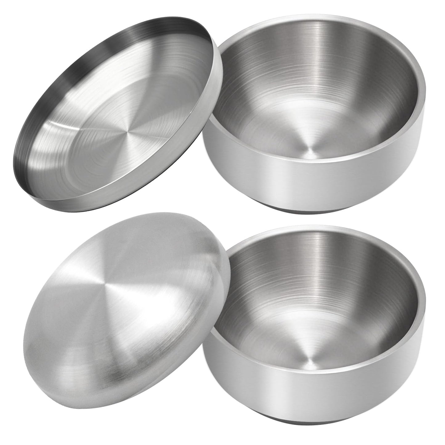 Aynaxcol Stainless Steel Rice Bowl with Lid, Set of 2, for Korean Kitchen Restaurant, Double-walled Metal Bowls, Multi-Purpose Insulated Soup Bowls Snacks Bowls (13cm Silver)