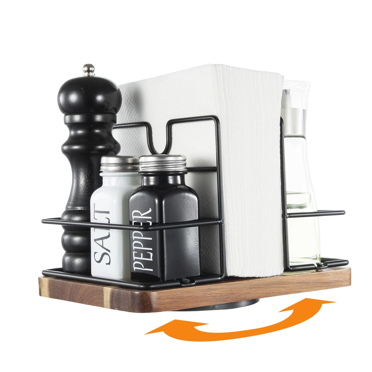 Napkin Holder for Table, Rotating Metal Napkin Holder with Salt and Pepper Shakers, Rotating Standing Napkin Dispenser for Kitchen Dining Table Decor, Not Including Salt and Pepper Shakers - Black