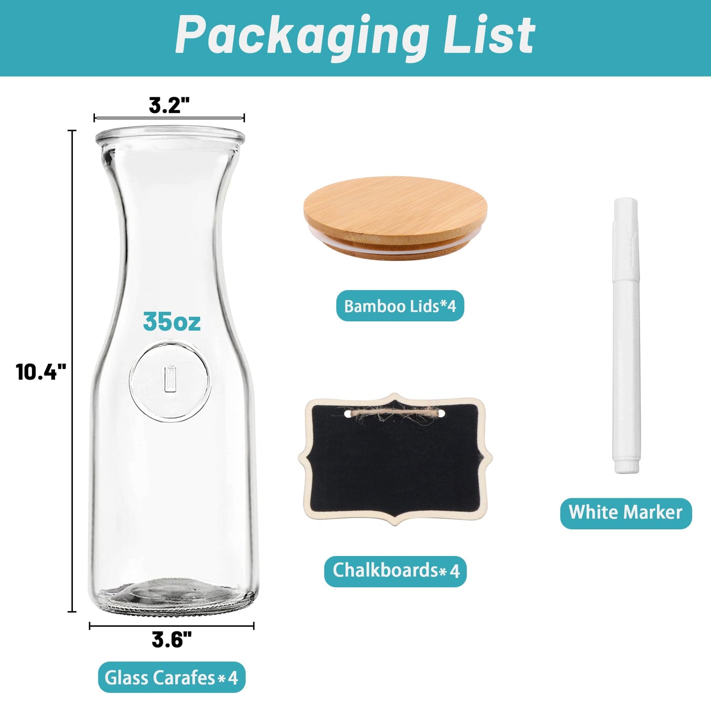 Glass Carafe with Bamboo Lid, Round 35 Oz Beverage Dispensers Carafe, Mimosa Bar Supplies, Clear Glass Pitcher with Name Labels for Iced Tea, Coffee, Juice(Set of 4)