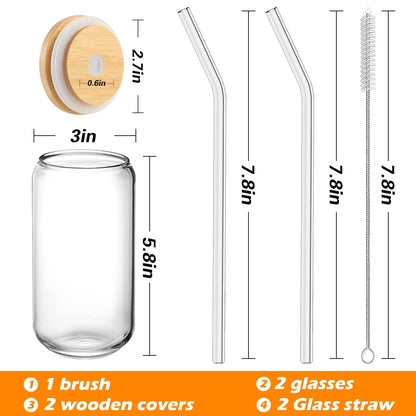 WISIMMALL Drinking Glasses with Bamboo Lids and Glass Straw 2PCS Set, 16oz Glass Cups with Lids and Straws, Beer, Iced Coffee Glasses, Soda, Gift 1 Cleaning Brushes