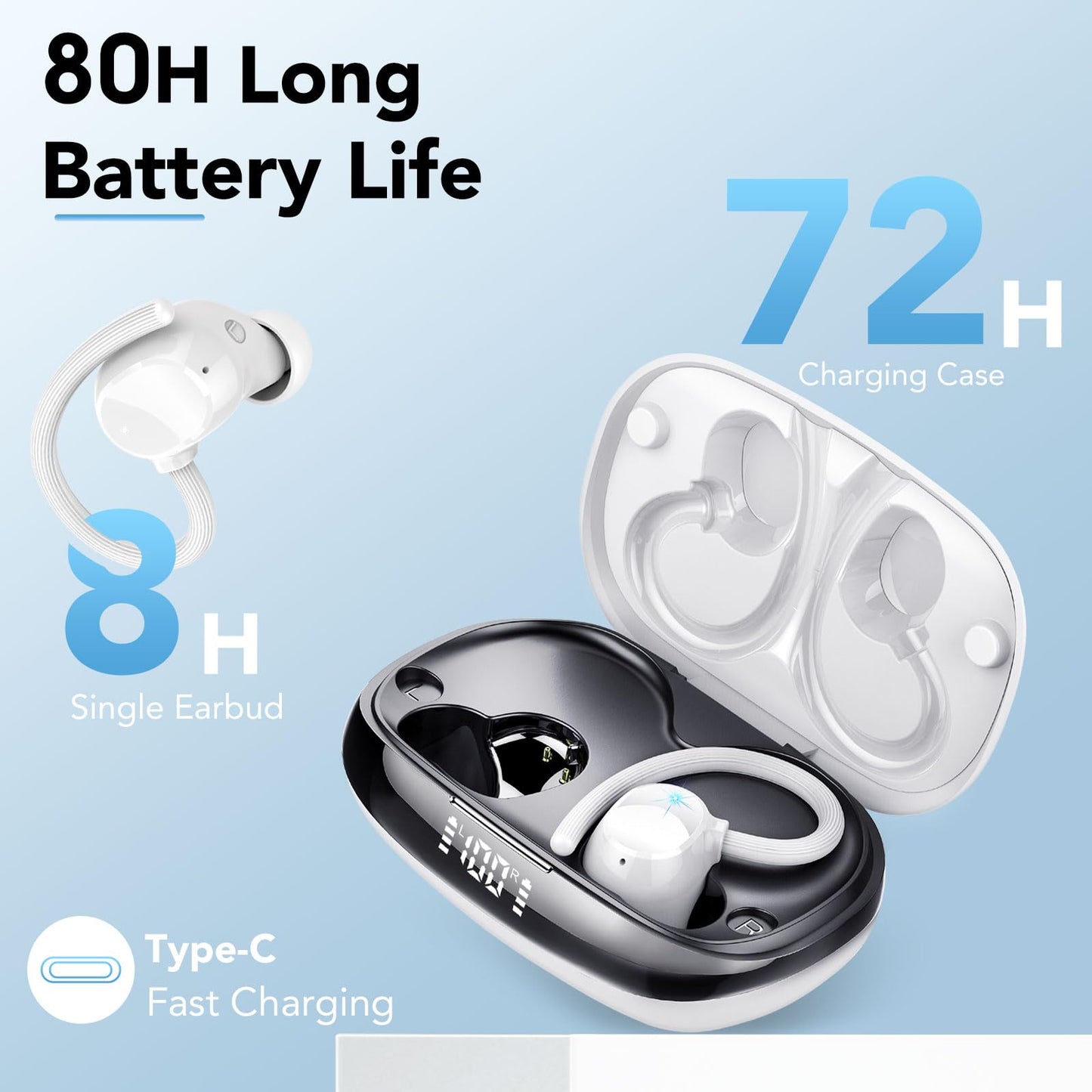 Wireless Earbuds, Bluetooth Headphones 80Hrs Deep Bass Playtime with LED Display, Sport Earphones with ENC Noise Cancelling Mic, IPX7 Waterproof Over-Ear Ear Buds with Earhooks for Workout/Running