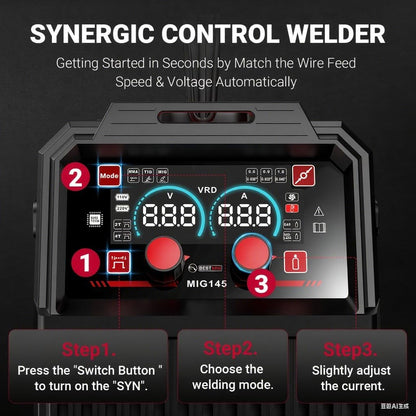 BESTMIG 145A 4-in-1 Multi-Process Welder, 110V/220V MIG/TIG/MMA/Stick Welding Machine, Gas & Gasless Flux Core Welder with Synergy IGBT Inverter, Includes Welding Helmet & Gloves