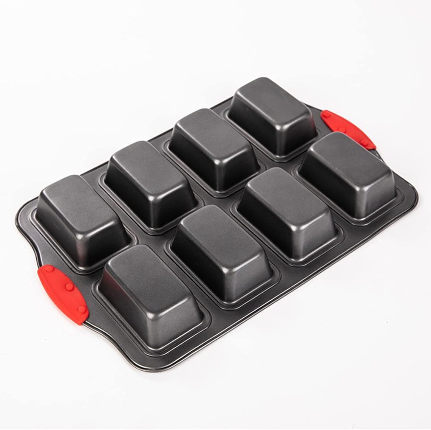 PLAZOTTA 2 Packs Mini Loaf Pan with Silicone Handle, 8 Cavity Non-Stick Baking Pan for Mini Bread, Brownies, Cheesecake