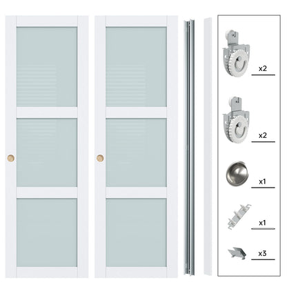 Finosen Preassembled Sliding Closet Door 48"×80"(Double 25"), 3-Lite Frosted Glass Bypass Door with Hardware Kit Include,Wood Slab with Water-Proof PVC Surface, Easy to Install, White.