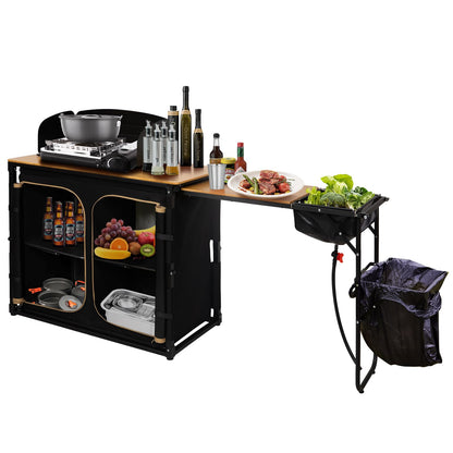 KingCamp Bamboo Camp Kitchen Table, Slide-Out Overland Table with 400L Storage, Portable Outdoor Prep Station with Sink, Windscreen & Lantern Pole for RV, Tailgating, BBQ