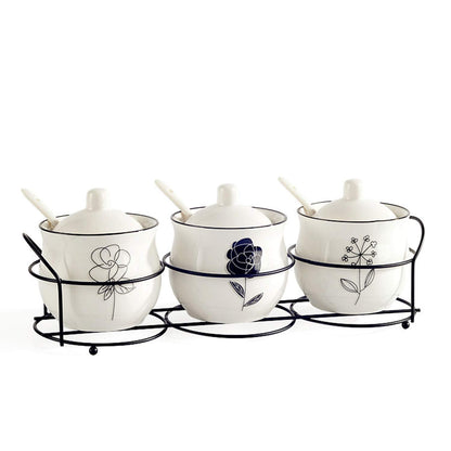 Ceramic Spice & sugar Jars, with Lids Spoons and Shelf,Porcelain Condiment Kitchen Jar Spice Container Set, 230 ML,3 Pcs