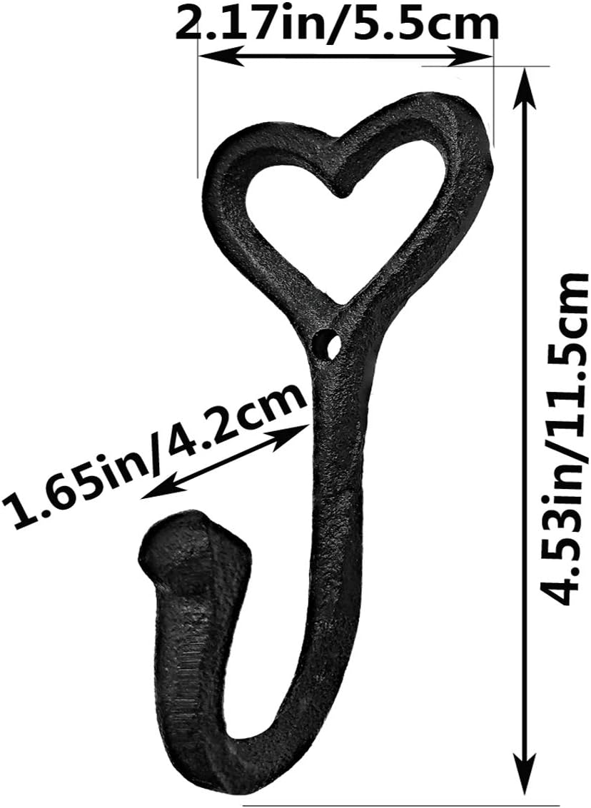 ZEYU Heavy Duty Coat Hooks, 4pcs Cast Iron Love Heart Shape Wall Hooks for Hanging Coats, Black No Rust