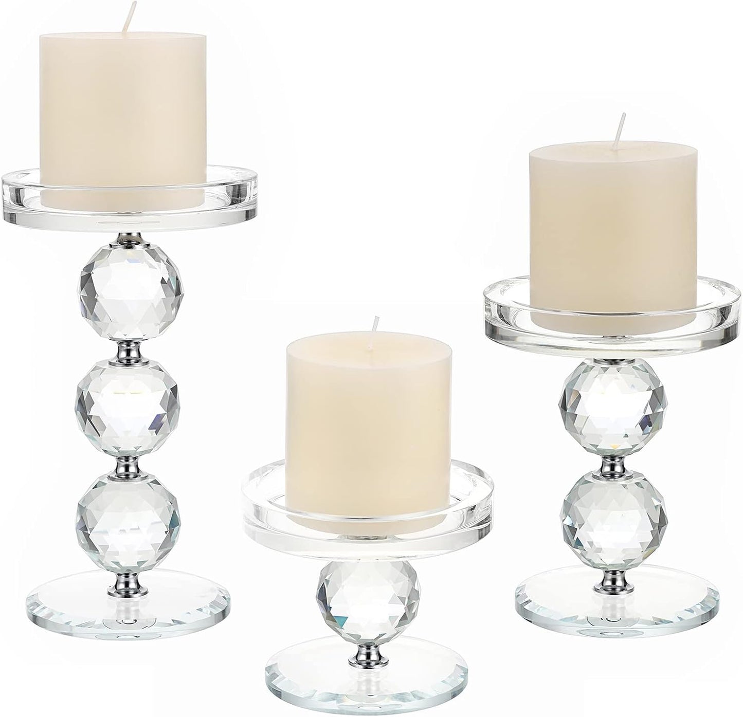 OwnMy Crystal Glass Pillar Candlestick Holders - Set of 3 Modern Tealight Votive Stands for Weddings & Home Decor