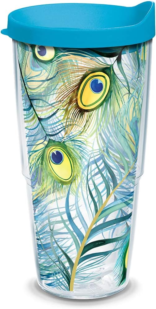 Tervis Peacock Tumbler with Wrap and Turquoise Lid, 24oz, Clear