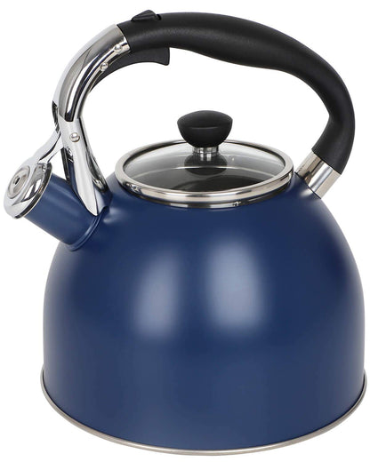 Rorence Stainless Steel Tea Kettle: 2.6 Quart Whistling Kettle with Capsule Bottom & Heat-resistant Glass Lid – Navy Blue