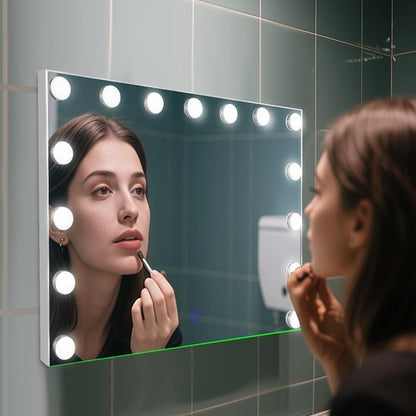Amifiy Hollywood Vanity Mirror with Lights, 23"x18" Lighted Makeup Mirror with 10x Magnification for Desk/Wall Mount, 15 Led Bulbs, 3 Lighting Modes for College Dorm, Bedroom, Dressing Room (White)