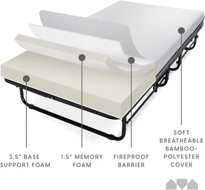 Milliard Deluxe Diplomat Folding Bed with Mattress for Adults, Twin Size, Portable Foldable Bed with Luxurious Memory Foam Mattress & Super Strong Frame, 75” x 38", Fold Up, Roll Away, & Hideaway