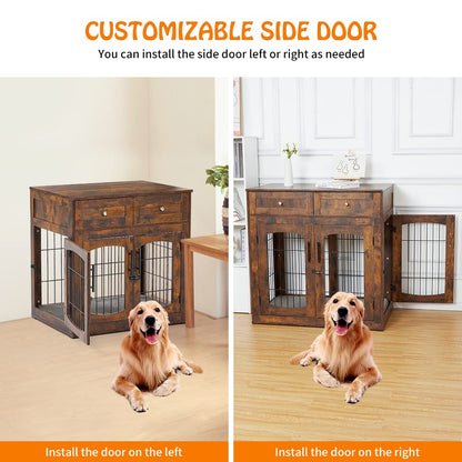 Dog Crate Furniture with Double Drawers, Wooden End Table Dog Kennel, Furniture Style Wood House Crate for Large Dogs, Decorative Dog Crate with Storage for Large Breed, 40 Inch Retro