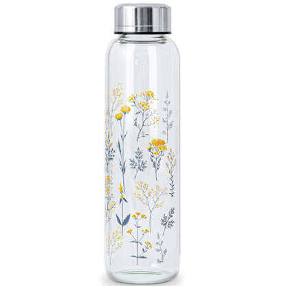 WENLIM Clear Water Bottle 16 oz BPA Free Glass Drinking Bottle for Juice with Stainless Steel Lid and Neoprene Sleeve (16 ounce, Scattered Flowers)