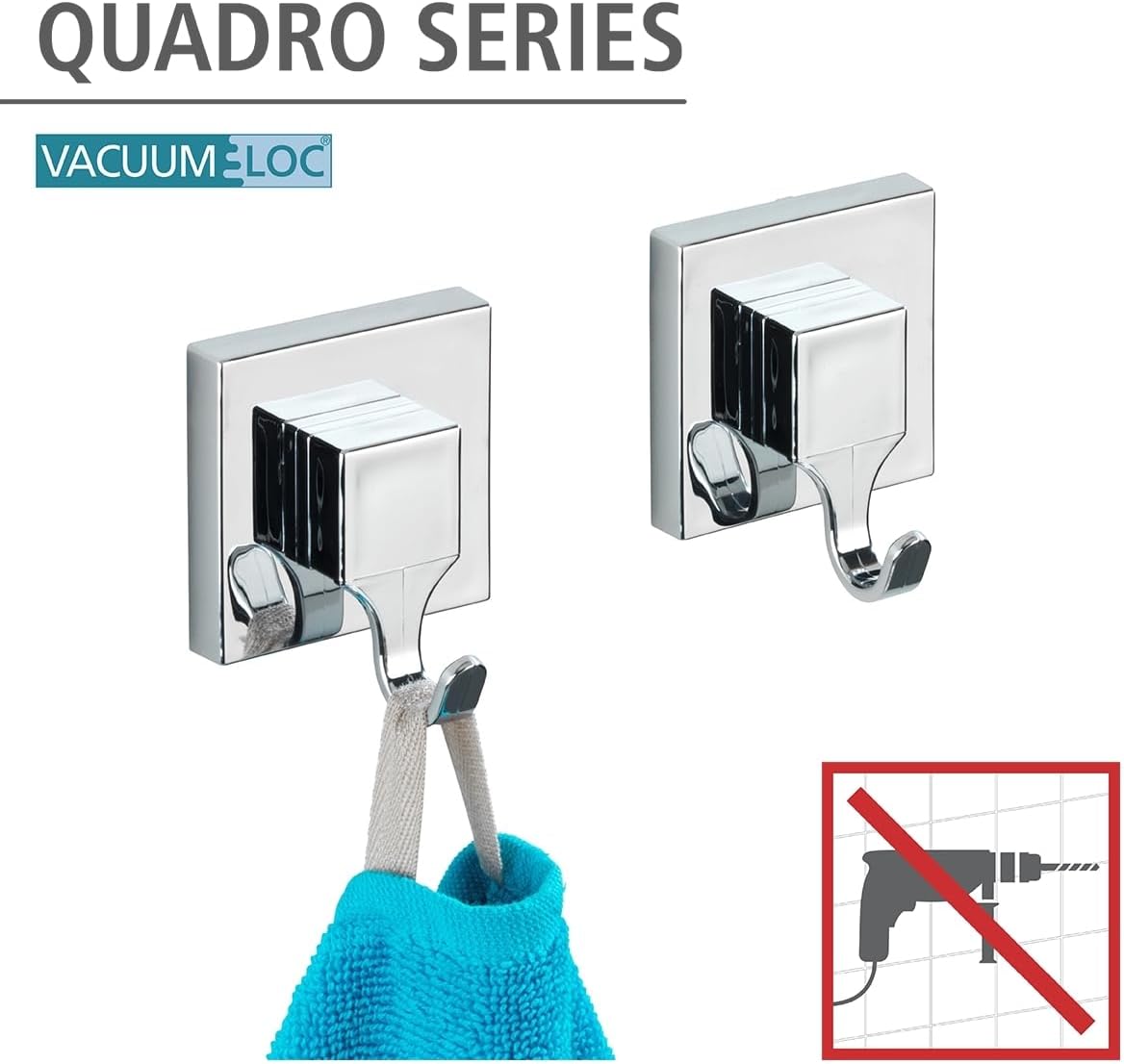 Wenko "Quadro Wall Hooks with Vacuum-Loc - Silver, 2-Piece