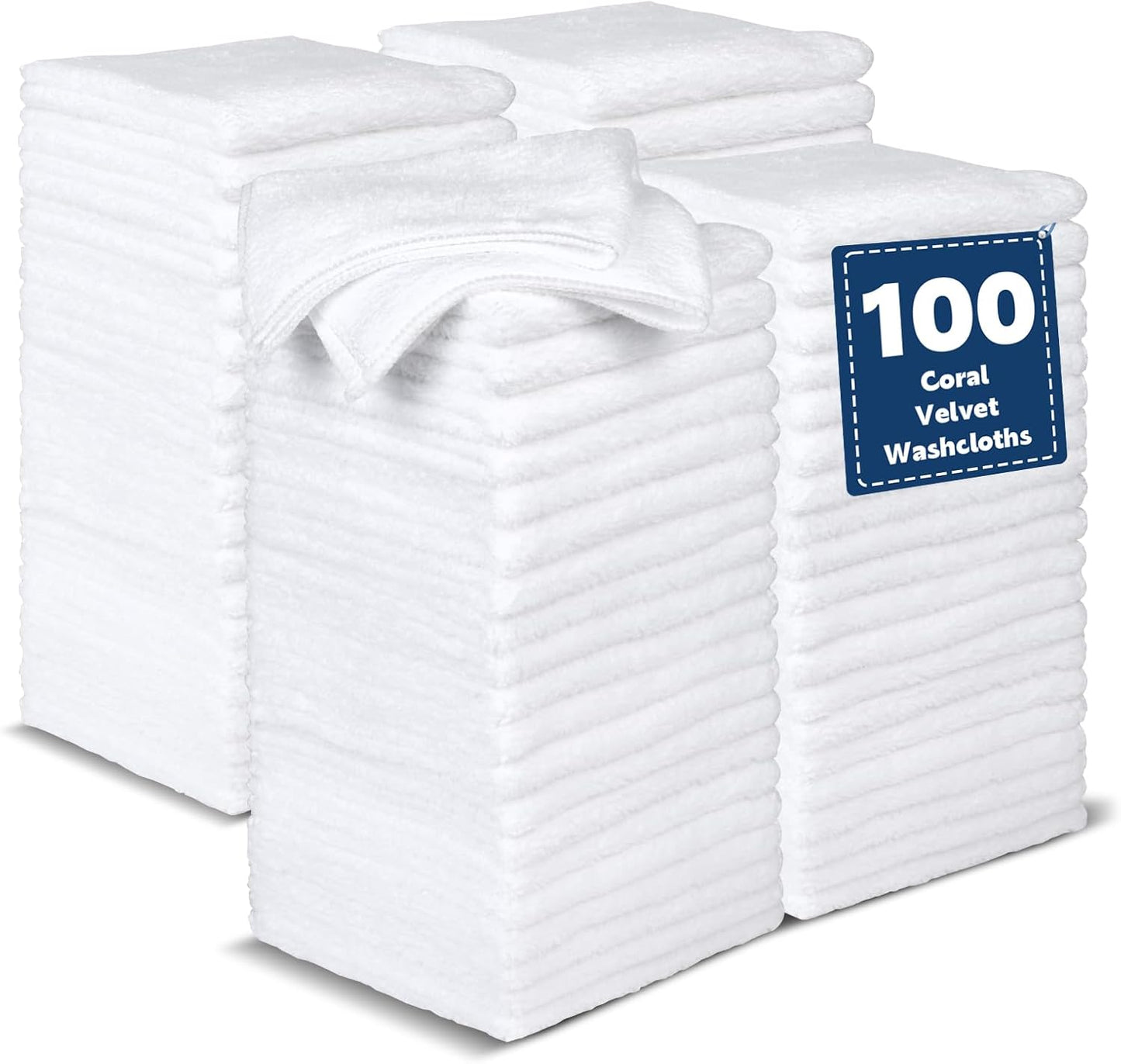 TEAWOO -100 Pack, 12 12 inches Coral Velvet Washcloths Bulk Highly Absorbent and Soft White Face Towels, Multi-Purpose