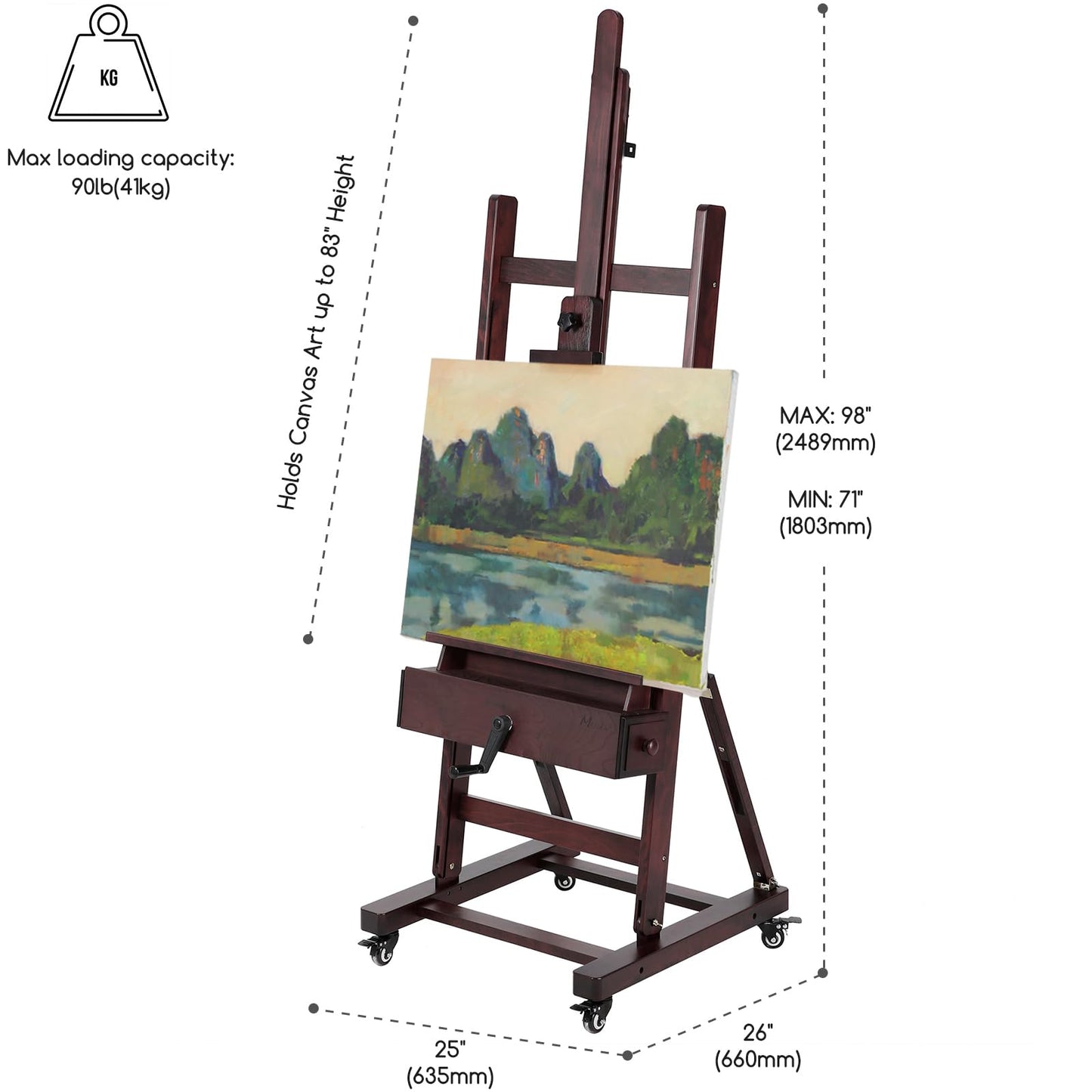 MEEDEN Extra-Large Art Painting Easel - Professional Artist Crank With Height Adjustable 71" to 98" - Heavy Duty Beech Wood Studio H Frame Stand for Painting Canvas up to 83"