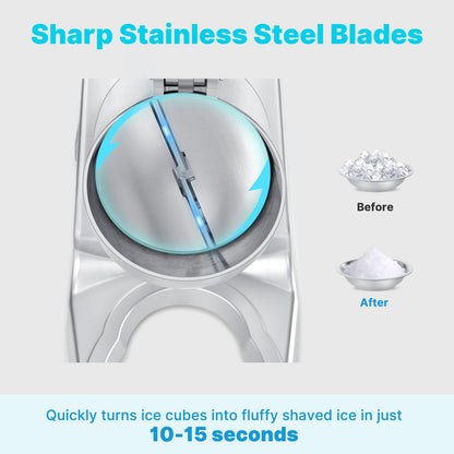 Hurmovae 178Ibs/h Cordless Portable Ice Shaver Machine with Dual Blade, Dual Batteries &Ice Pick, 180W Battery Powered Ice Cusher Machine for Home Use &Outdoor (Backyard & Patio), Extra Blades, Silver