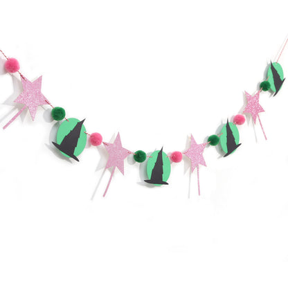 Witch Garland Banner – Pink Fairy Wand and Witch Hat Garland with Pom Poms, Halloween Magic Party Decorations for Girls Birthday, Wizard Theme Decor