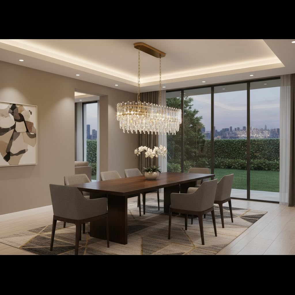Lt-vt Modern Rectangular Crystal Chandelier Gold Finish Linear Pendant 10-Light Fixture for Dining Room Living Room Ceiling Lamp Contemporary Home Decor L37.4''