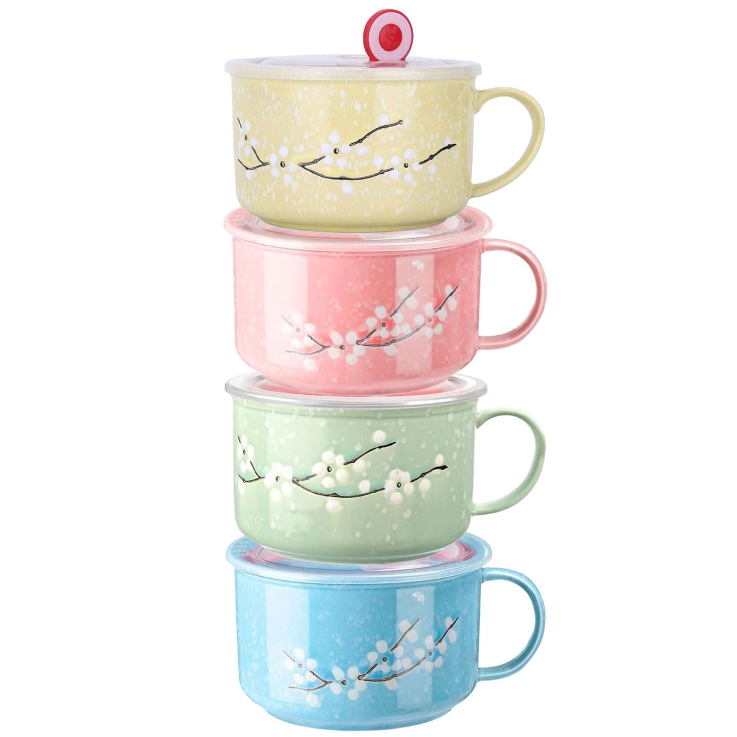 BxuxJar 4 Pack 30 oz Ceramic Bowl with Lid and Handle, Hand Painted Microwave Soup Bowl with Lid, Cute Microwave Ramen Bowls for Noodles, Porridge, Rice, Dishwasher Safe