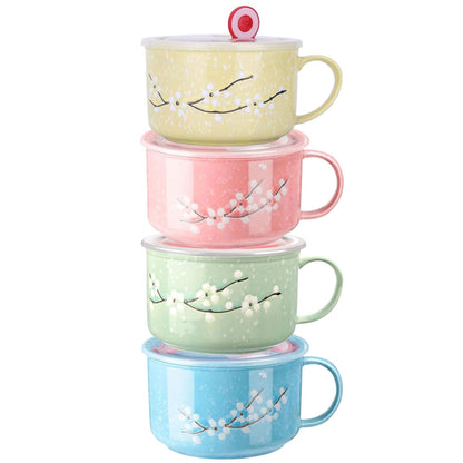 BxuxJar 4 Pack 30 oz Ceramic Bowl with Lid and Handle, Hand Painted Microwave Soup Bowl with Lid, Cute Microwave Ramen Bowls for Noodles, Porridge, Rice, Dishwasher Safe