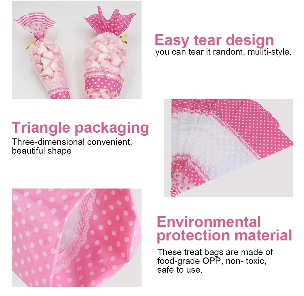 FTVOGUE 50 Piece Clear Cone-Shaped Treat Bags with Twist Ties, Cellophane Candy Bags (Pink)
