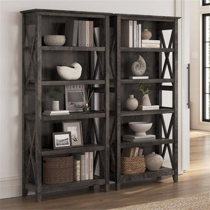 Bush Home Key West 5 Shelf Bookcase - Set of 2 | Tall Bookshelves in Dark Gray Hickory | Sturdy Display Shelves for Library, Living Room, and Home Office