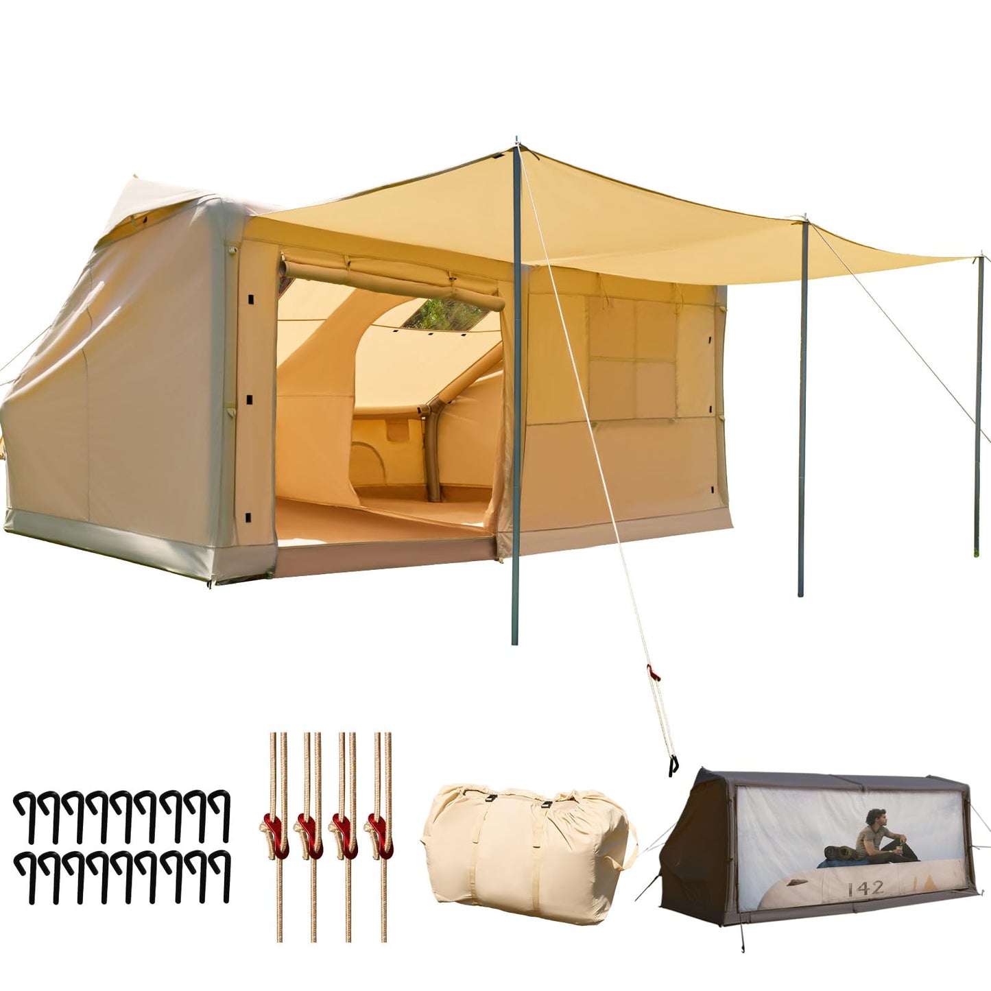 YOLENY Inflatable Tents for 8-10 People, 600D Oxford Blow up Tent with Extended Canopy, Easy Set-up Waterproof Glamping Cabin for 8-10 People