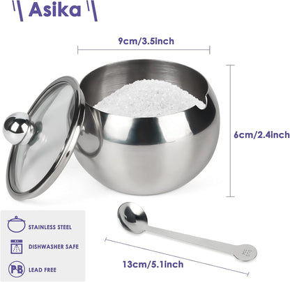 asika Stainless Steel Sugar Bowl with Clear Lid and Spoon, Drum Shape Small Condiment Container for Home, 8.1 Ounces