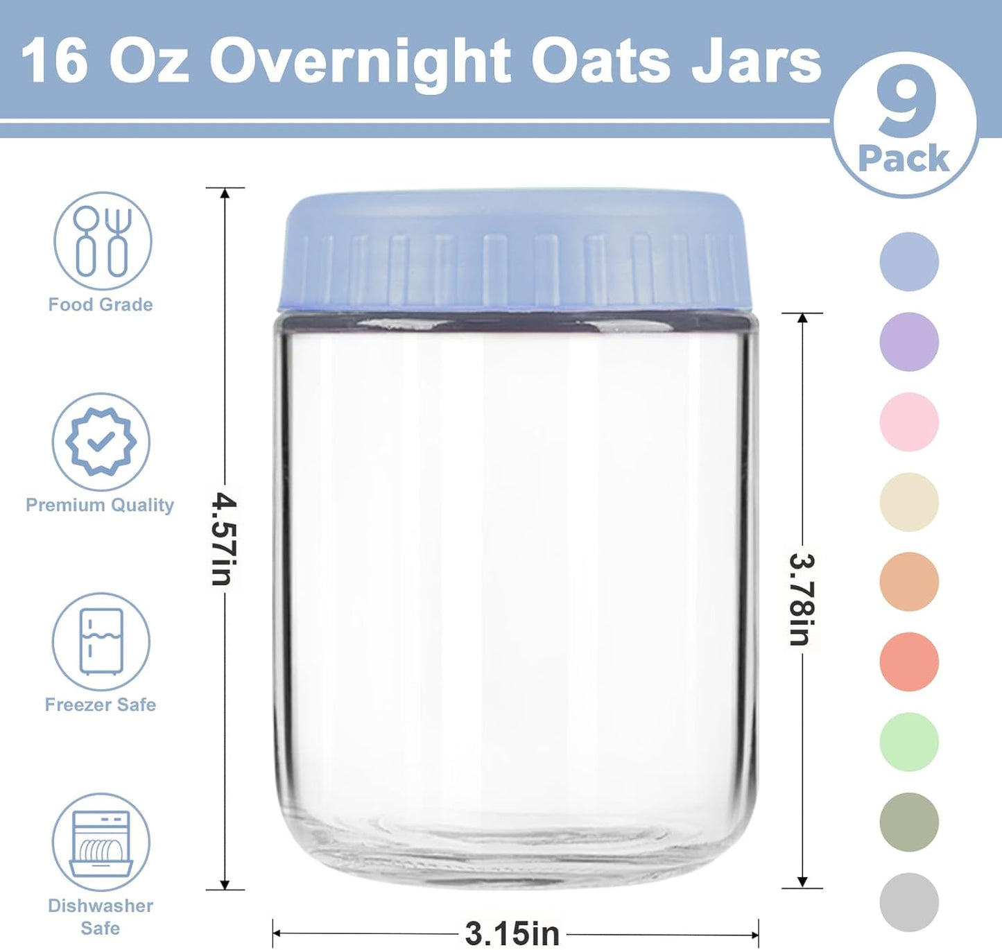 16oz 6 Pack Overnight Oats Containers with Lids, Wide Mouth Mason Jars with Lids, Glass Jars with Airtight lid for Chia