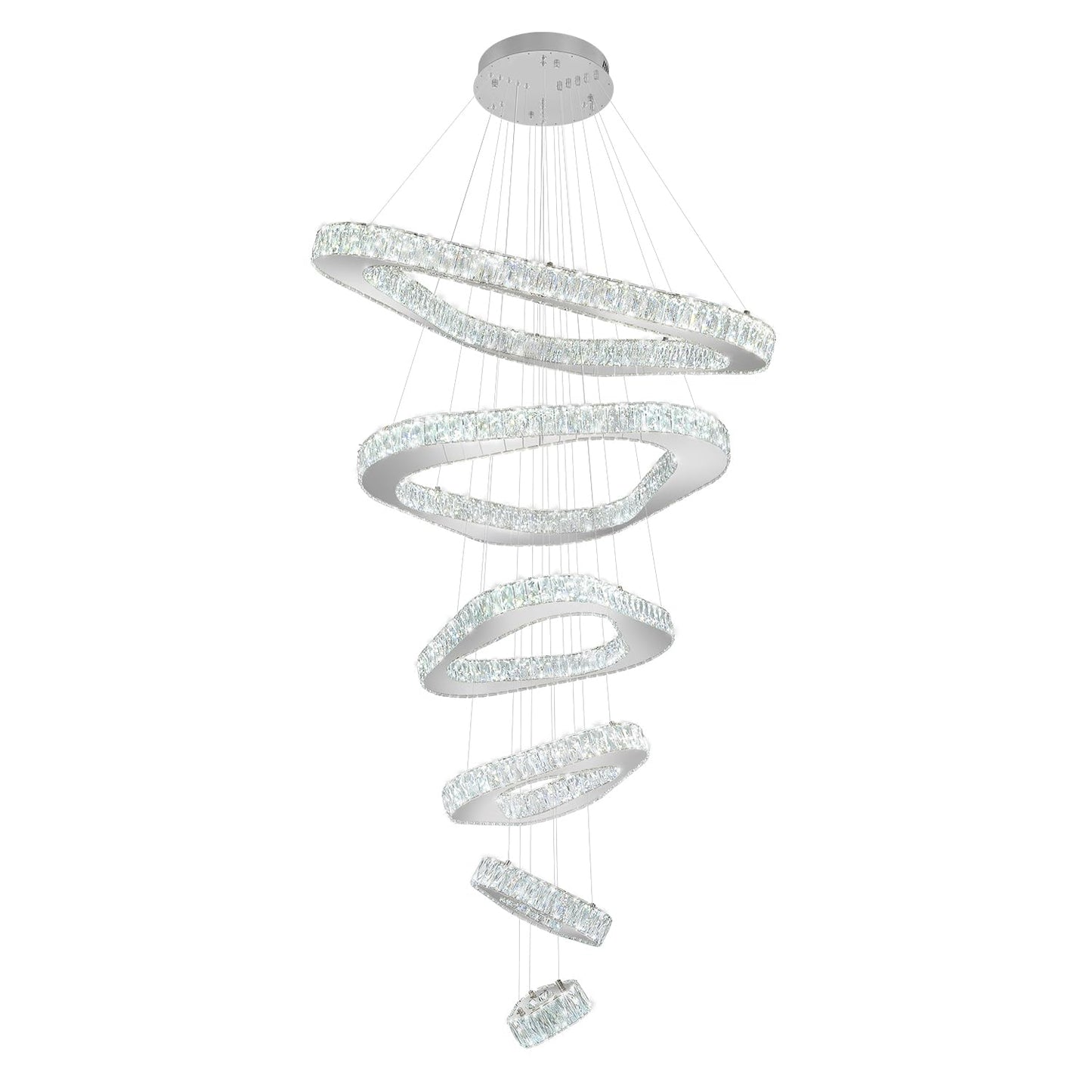 ykolupty H138 Modern Large Chandelier for High Ceiling 6-Rings Chandelier with LED Dimmable Crystal Ring Pendant Light High Ceiling Chandeliers for Living Room Foyer Entryway Silver Hanging Light