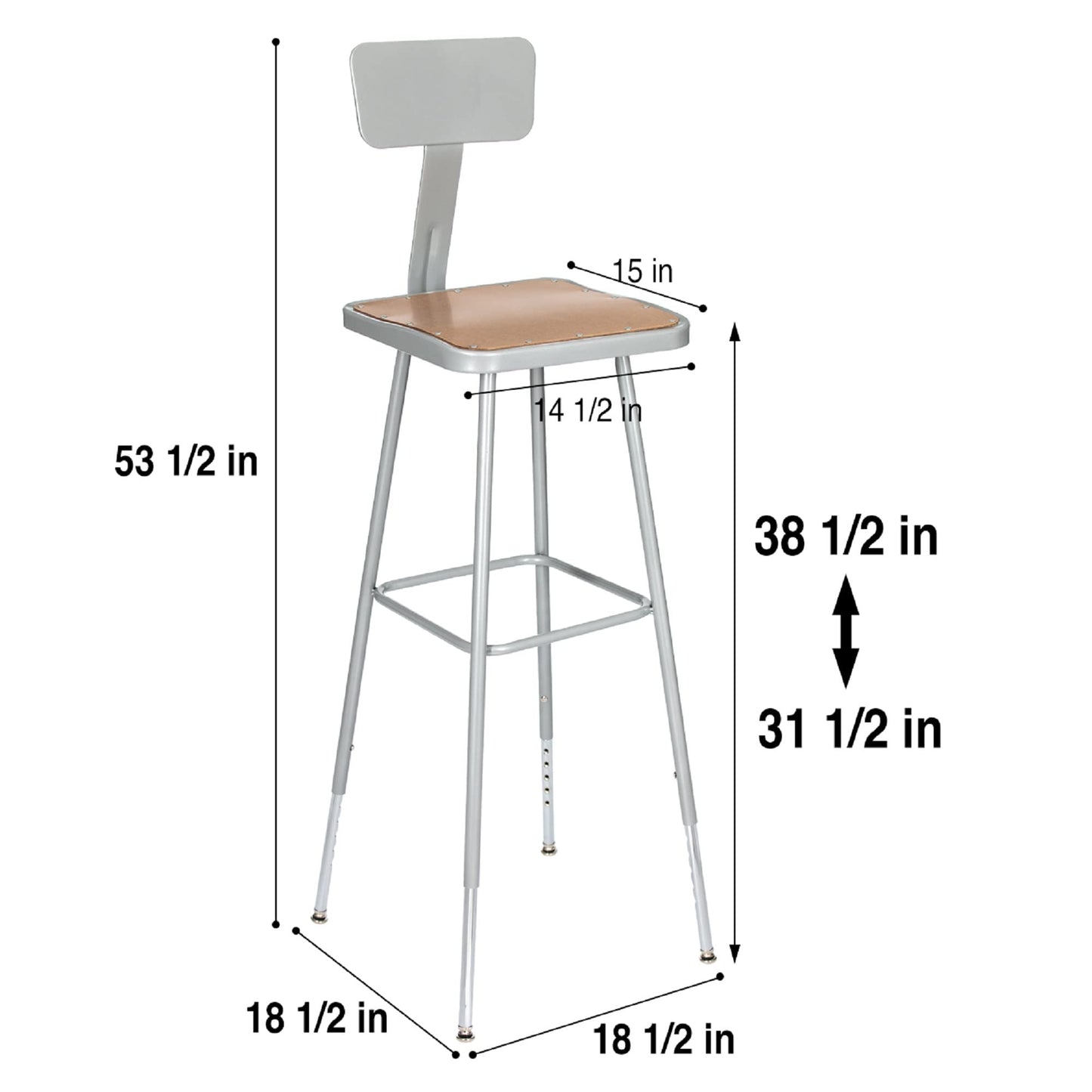 OEF Furnishings OEF6330HB/2 Premium Commercial-Grade All-Purpose Square Stool with Backrest (Height-Adjustable, 30–38 inch Range, Gray Frame, Masonite Wood Seat, 2-Pack)