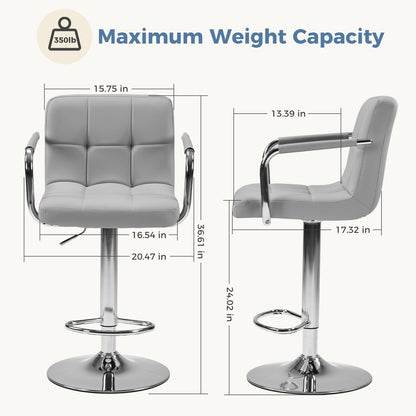 OLIXIS Swivel Bar Stools Set of 4, PU Leather Upholstered Bar Chairs with Back & Armrests, Adjustable Counter Height Stools with Metal Legs for Kitchen Island, Home Bar, Pub, Light Grey