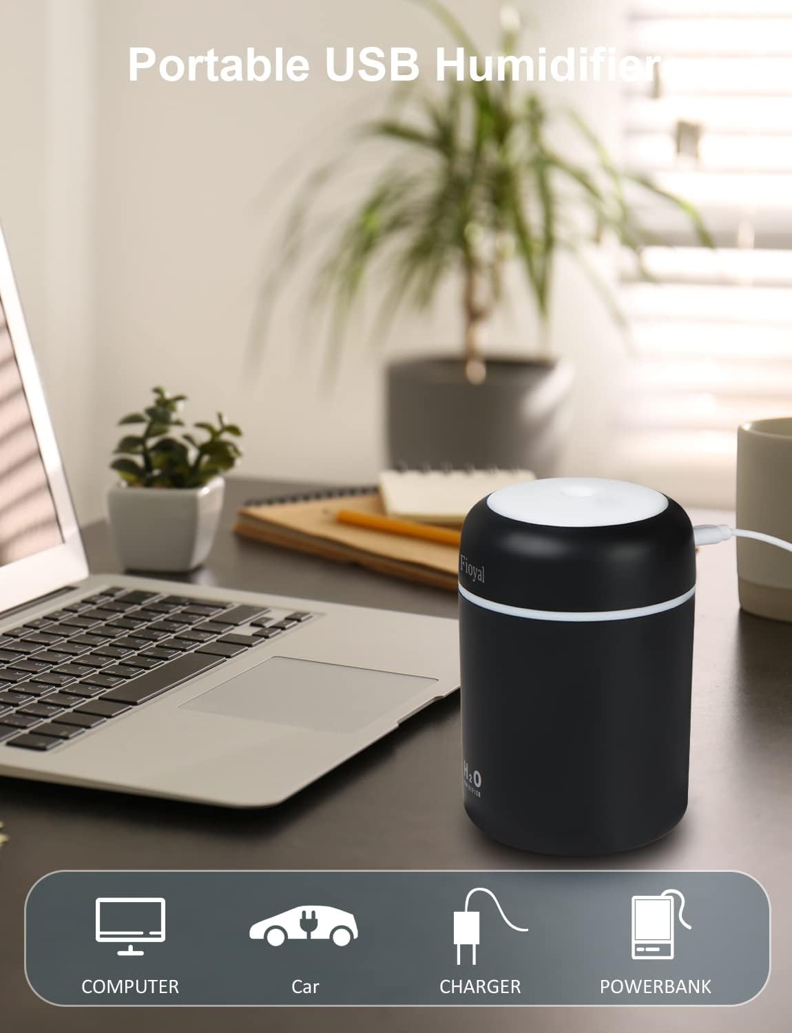 Fioyal Portable Mini Humidifier, RGB Light Small Humidifiers for Bedroom, Car, Desktop, 2 Cool Mist Modes