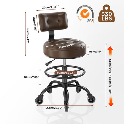 FREEKYROCK Office Drafting Chair with Footrest, Tall Height Adjustable Stool with Back Support, Heavy Duty Rolling Stool Chair with Wheels for Office Home Kitchen Bar Shop Guitar Studio Vanity, Brown