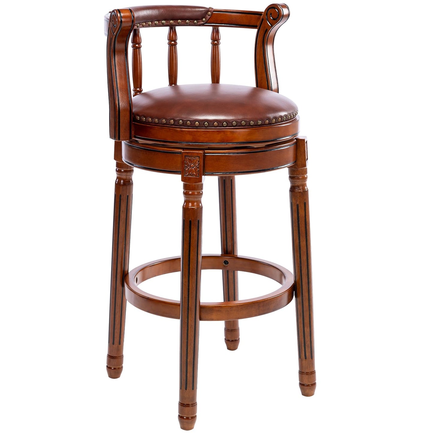 AULIFE Cow top Leather Wooden Bar Stools, 360 Degree Swivel Bar Height Chair with Backs for Home Kitchen Counter, Morden Chair Barstools (Brown 1pc, Bar Height-Seat Height 29.5”)