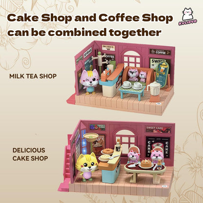 kvlidvo Koko's Cat Town DIY Miniature House Kit,Tiny Pink House Series–Cake Shop Building Kit,Dollhouse for 3 and up, Dollhouse Building Kit with Cats,Cat Toys Gift for Girls Boys Teens Kids Ages 3+