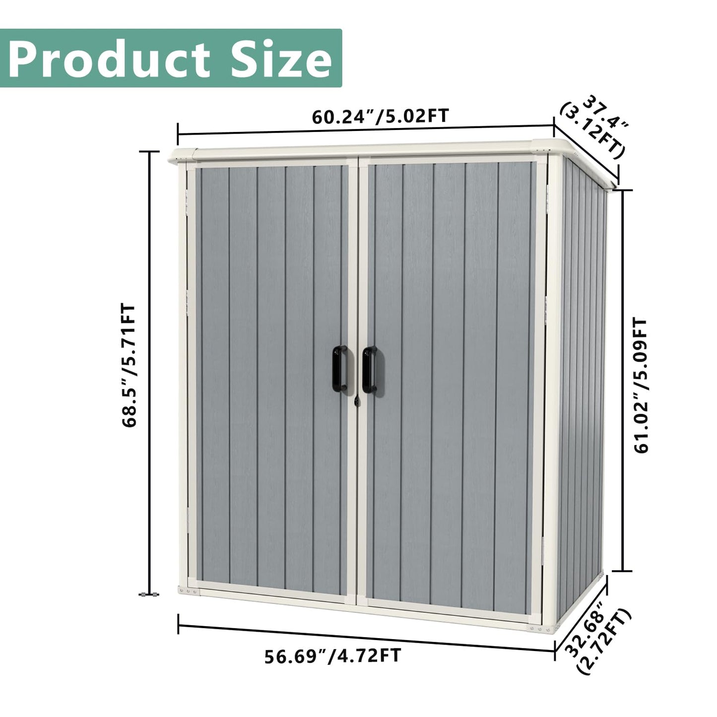 Aoxun Outdoor Storage Shed 5 x 3FT, Resin Shed with Floor and Lockable Door, Plastic Sheds for Garbage Can, Tool, Accessories, Lawn, Garden - Grey