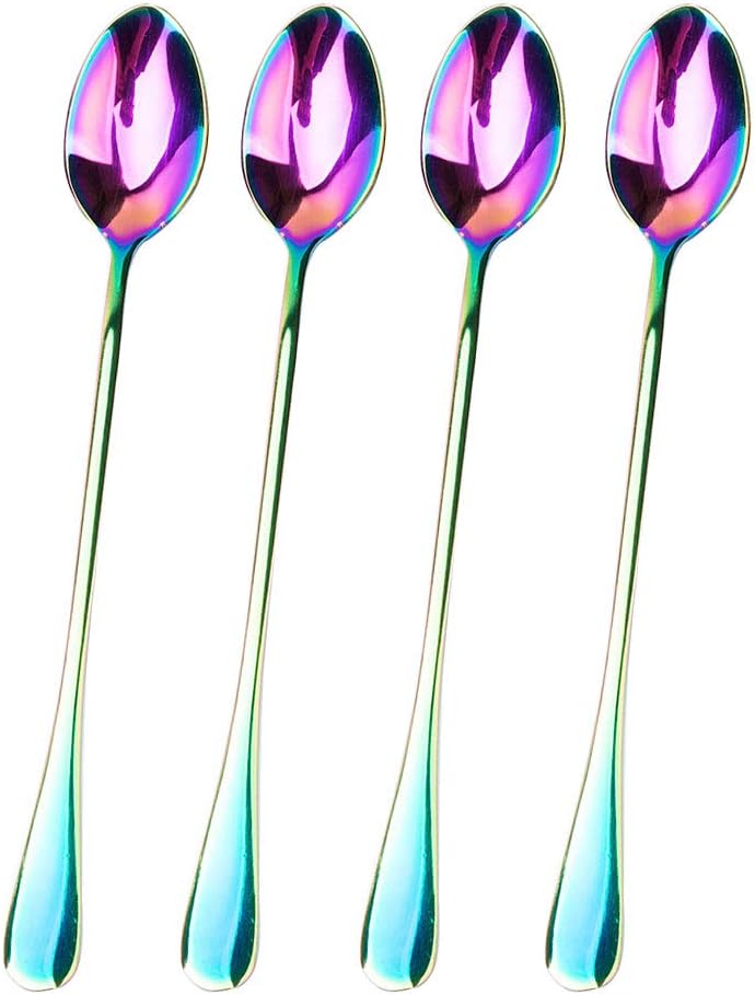JUCOXO Long Handle Iced Tea Spoon Set of 4, Stainless Steel Coffee Mixing Spoons (Rainbow), Dishwasher Safe