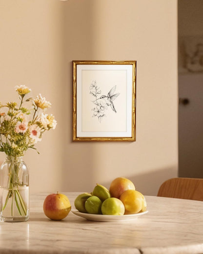 Skiennix Hummingbird Wall Art - Classic Black & White Botanical Illustration | 11x14 Framed Canvas Print
