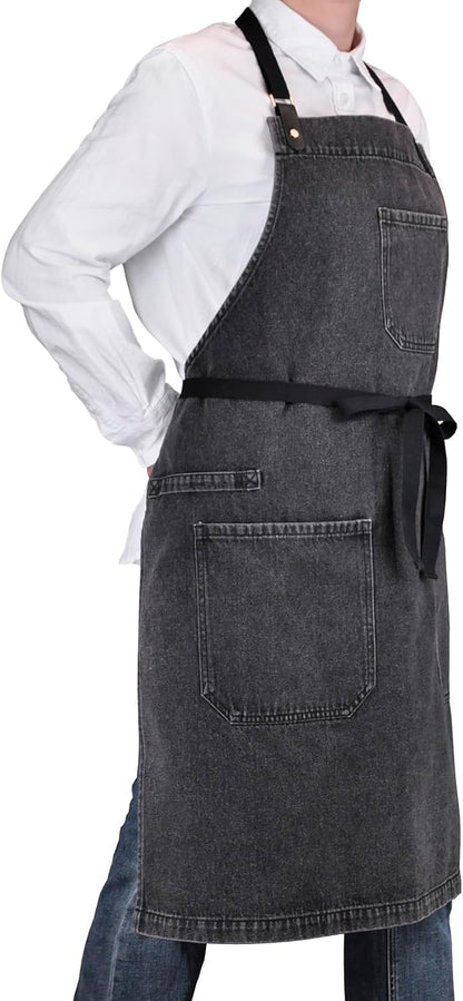 '-2) Denim Apron with Pockets, Professional for Mens Womens Chef Kitchen Cooking Grill BBQ Painting Baking, Black Bib