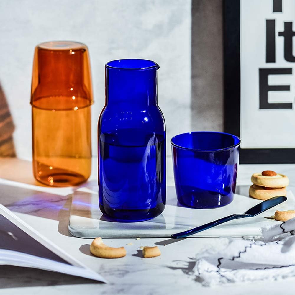 Tiktalk Set 19oz/550ml(Blue) Bedside Water Carafe Glass Mouthwash Bottle Decorative for Bathroom