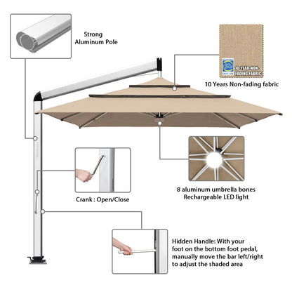 EliteShade USA Atlas 3-Tier 10x10FT Full Aluminum Cantilever Patio Umbrella for Outdoor restaurant Garden Courtyard Deck Pool and Marketing with Light,Heather Beige